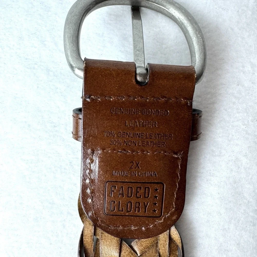 Vintage Faded Glory Woven Leather Belt 2X Silver Tine Buckle Brown Bohemian Y2K